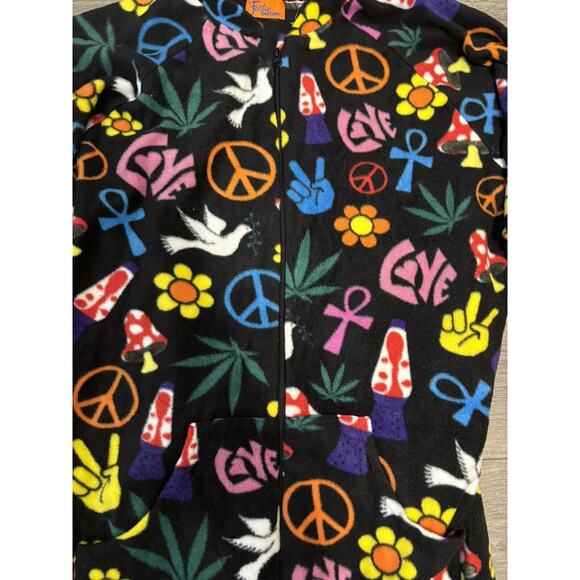 Adult One Piece Zip Jumpsuit Costume - Peace Love Design, Large with Footies - Picture 3 of 5